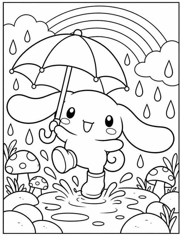 Cinnamoroll splashing in the rain coloring page