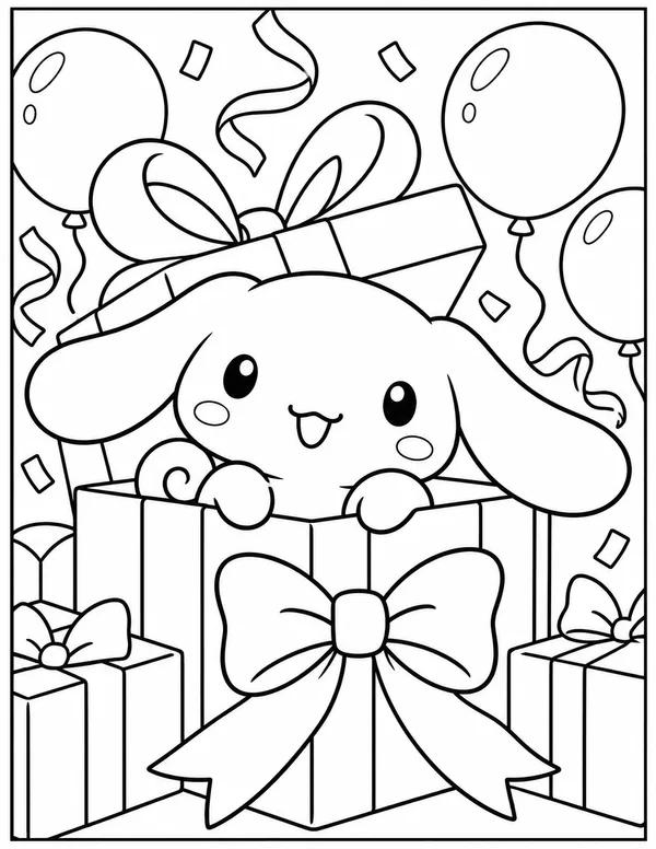 Cinnamoroll popping out of a birthday present coloring page