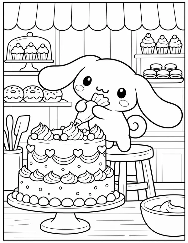 Cinnamoroll decorating a cake coloring page