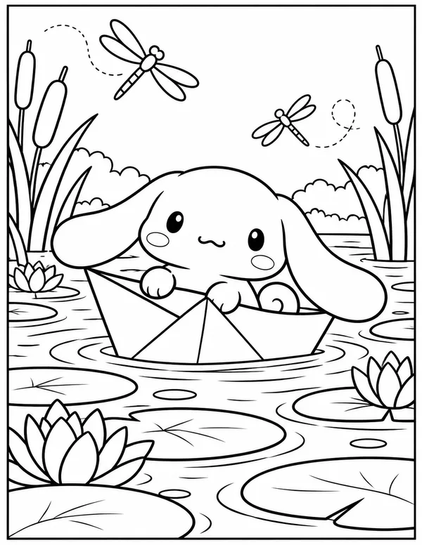 Cinnamoroll sailing a paper boat coloring page