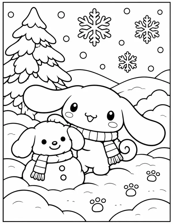 Cinnamoroll building a snowman coloring page