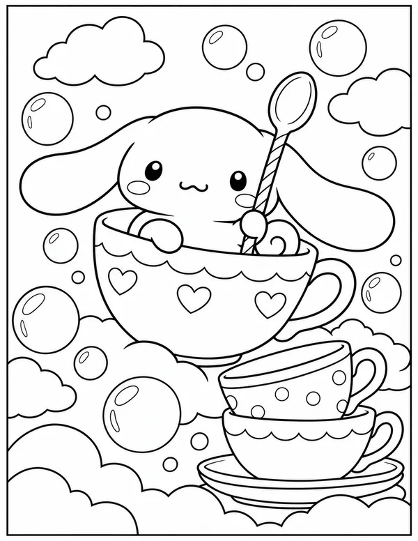 Cinnamoroll in a teacup coloring page