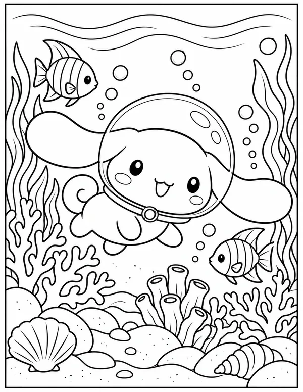 Cinnamoroll swimming under the sea coloring page