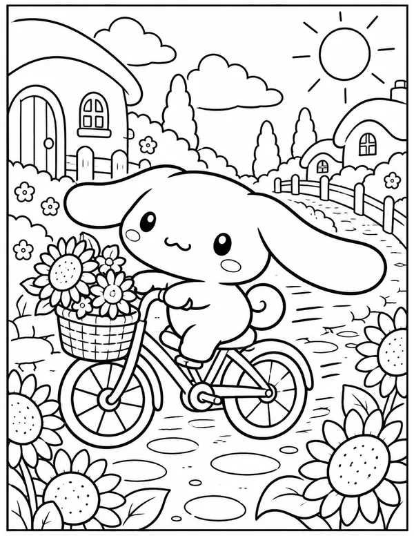 Cinnamoroll riding a bike with sunflowers coloring page
