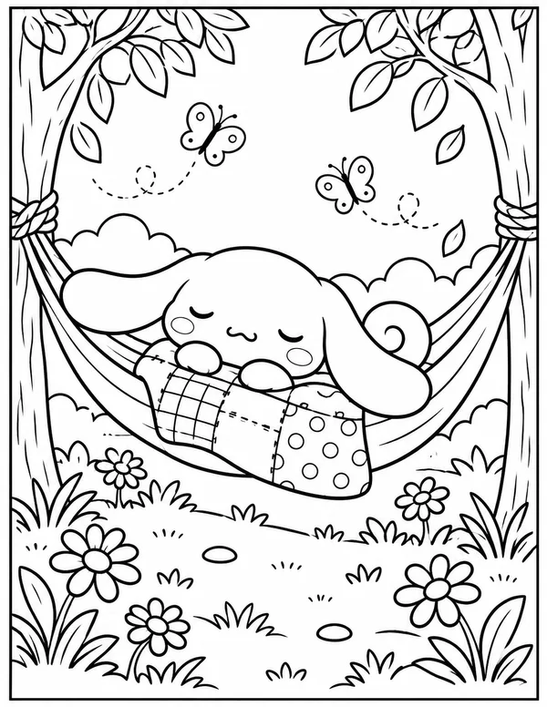 Cinnamoroll napping in a hammock coloring page