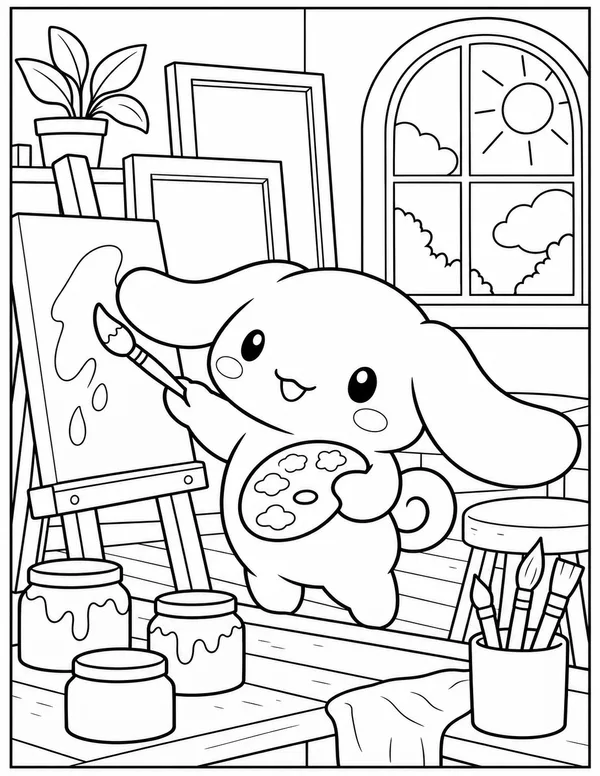 Cinnamoroll painting at an easel coloring page