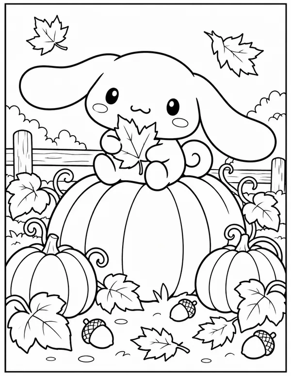 Cinnamoroll on a pumpkin in autumn coloring page