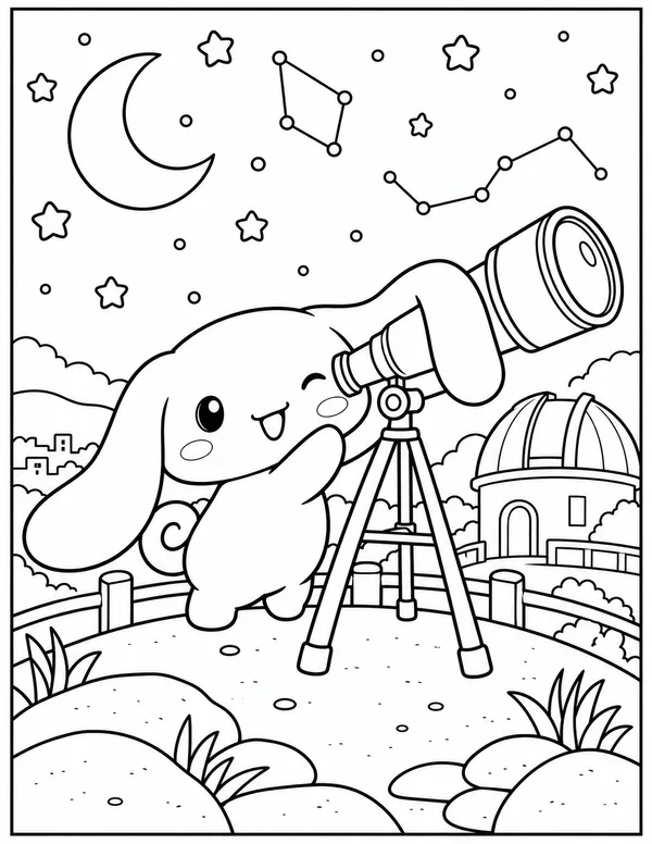 Cinnamoroll stargazing with a telescope coloring page
