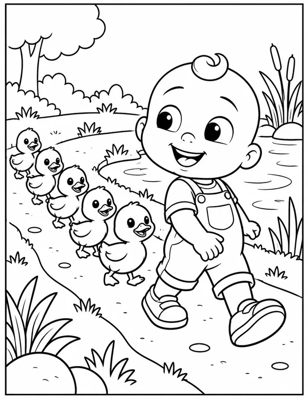 JJ walking with five little ducks coloring page