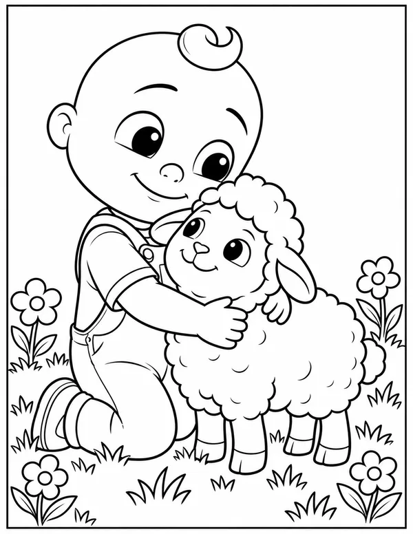 JJ hugging a sheep coloring page