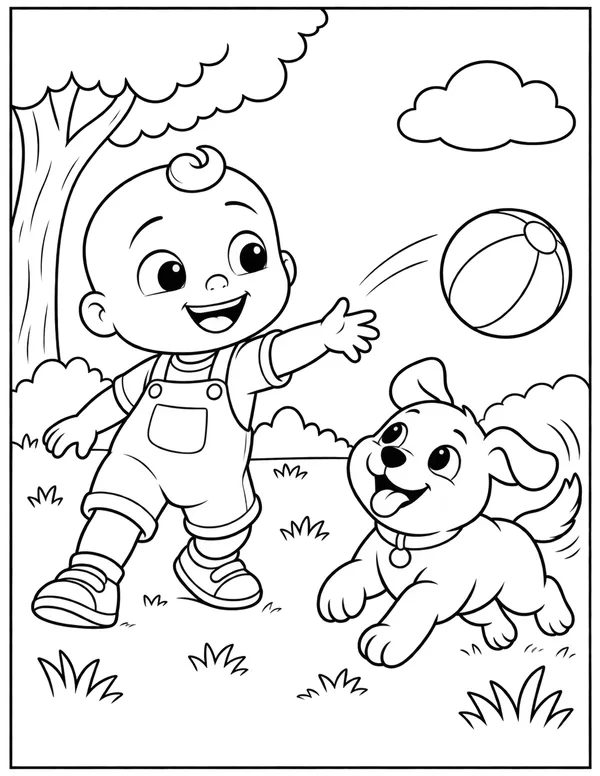JJ playing with a puppy coloring page