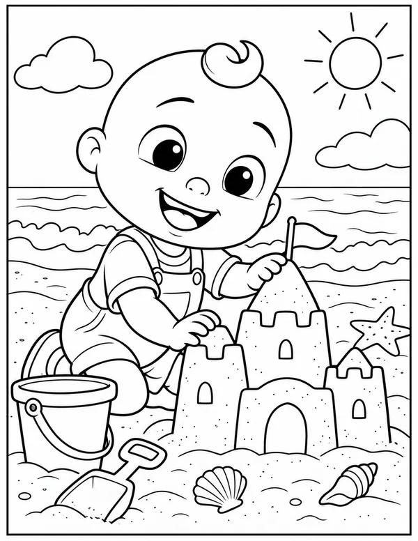 JJ building a sandcastle coloring page