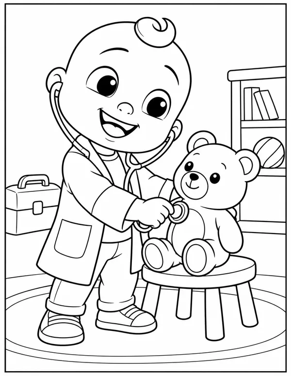 JJ playing doctor with a teddy bear coloring page