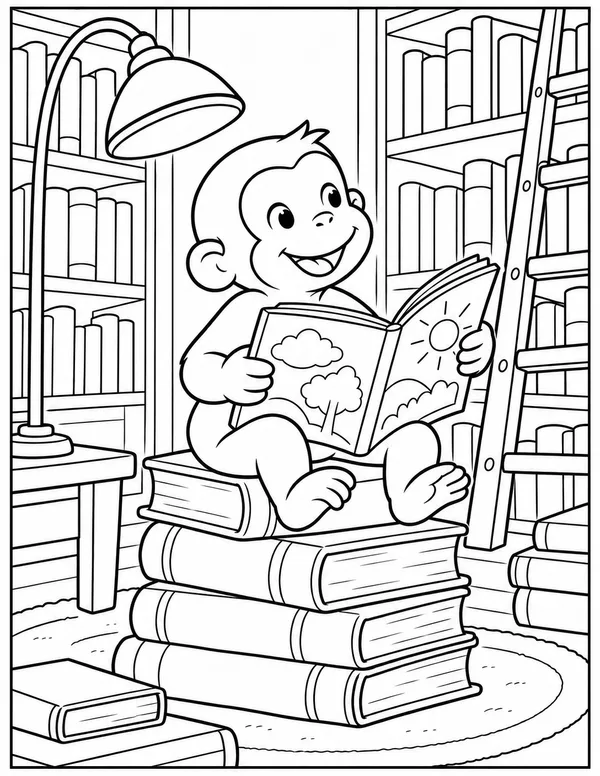 Curious George reading in the library coloring page