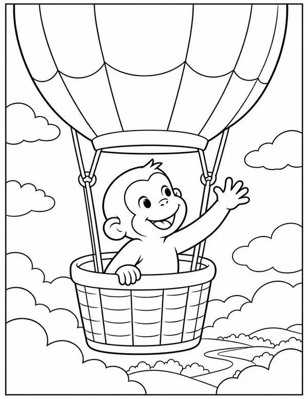 Curious George in a hot air balloon coloring page