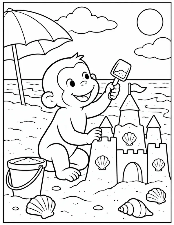 Curious George building a sandcastle coloring page