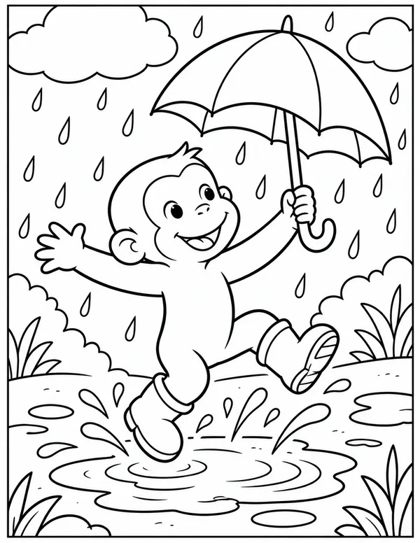 Curious George splashing in the rain coloring page