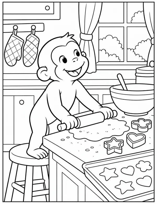 Curious George baking cookies coloring page