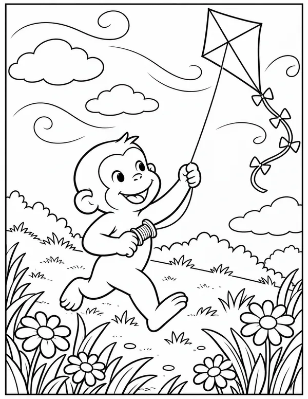 Curious George flying a kite coloring page