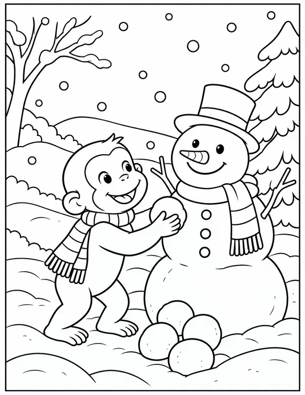 Curious George building a snowman coloring page