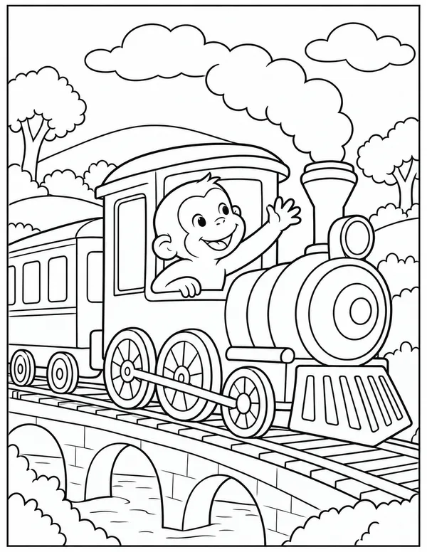 Curious George riding a steam train coloring page