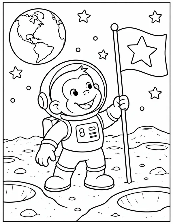 Curious George planting a flag on the moon coloring page