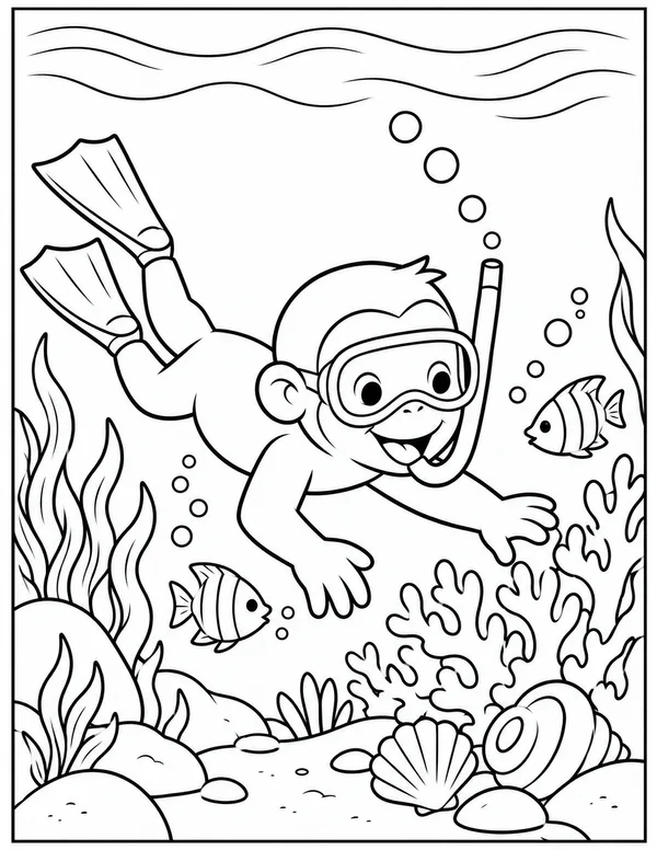 Curious George snorkeling under the sea coloring page