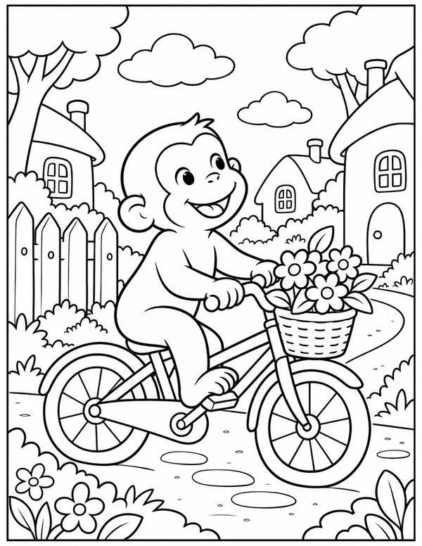 Curious George riding a bike with flowers coloring page