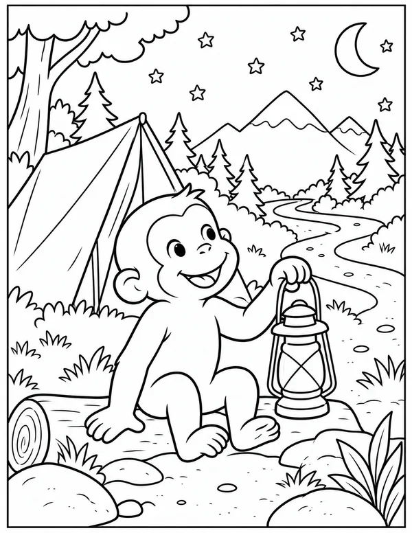 Curious George camping with a lantern coloring page