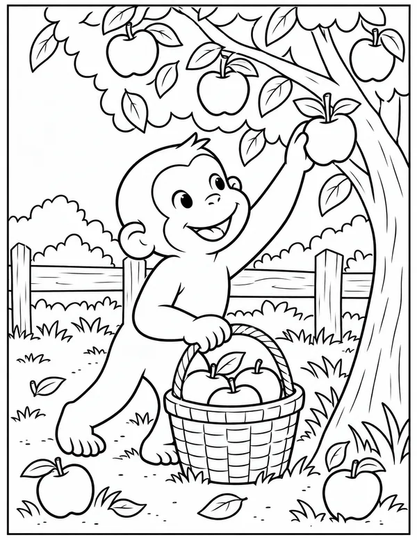 Curious George picking apples coloring page