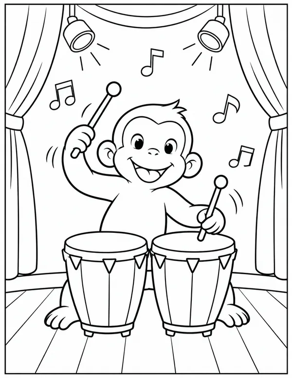 Curious George playing the drums coloring page