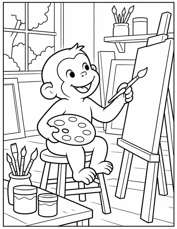 Curious George painting at an easel coloring page