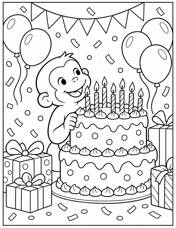 Curious George with a birthday cake coloring page