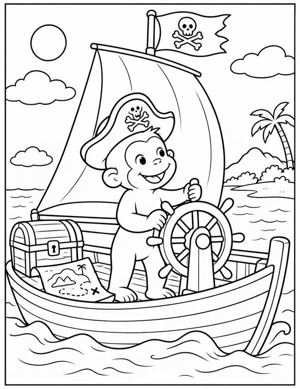 Curious George sailing a pirate ship coloring page
