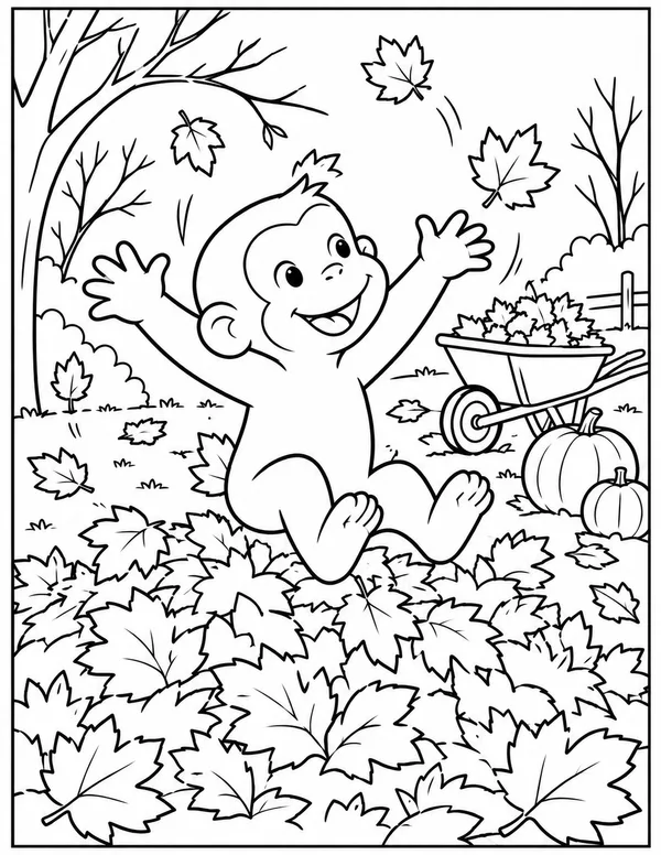 Curious George jumping in autumn leaves coloring page
