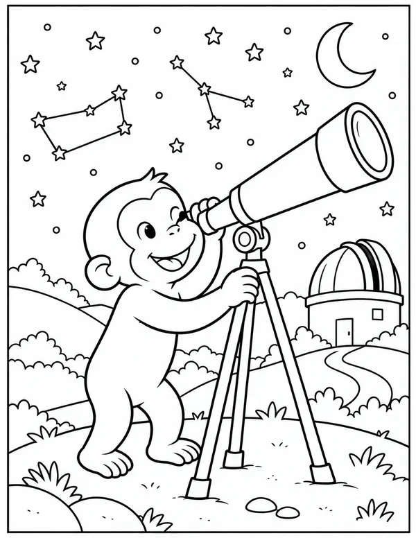 Curious George stargazing with a telescope coloring page