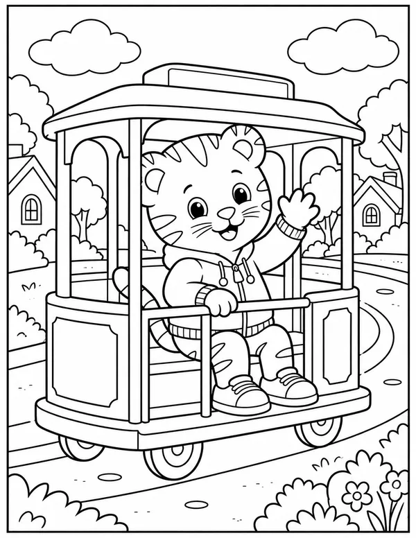 Daniel Tiger riding the trolley coloring page