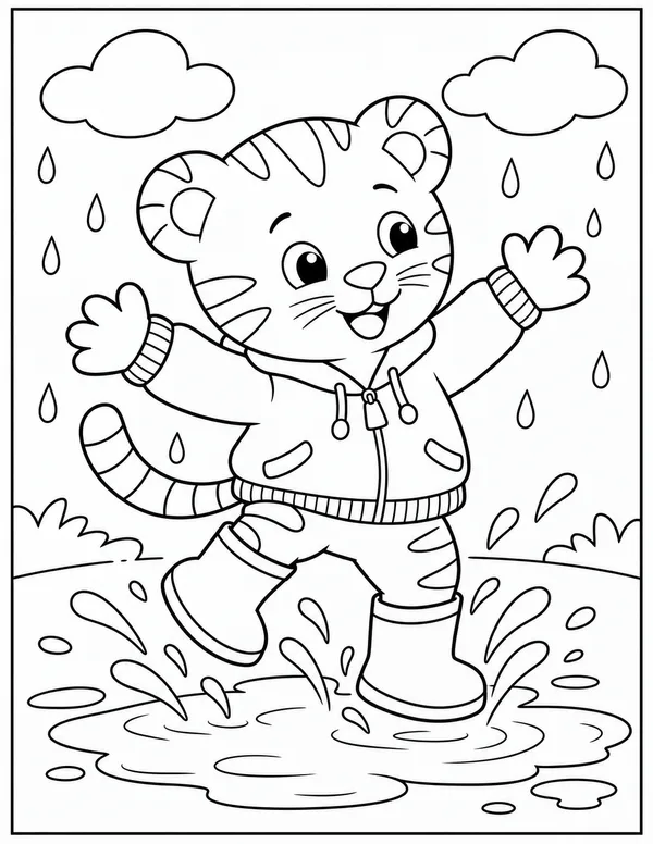 Daniel Tiger jumping in a puddle coloring page