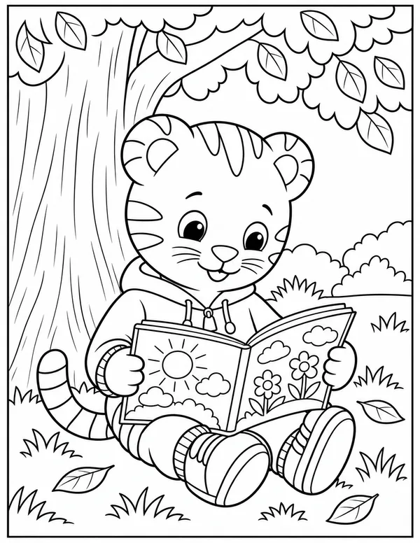 Daniel Tiger reading under a tree coloring page