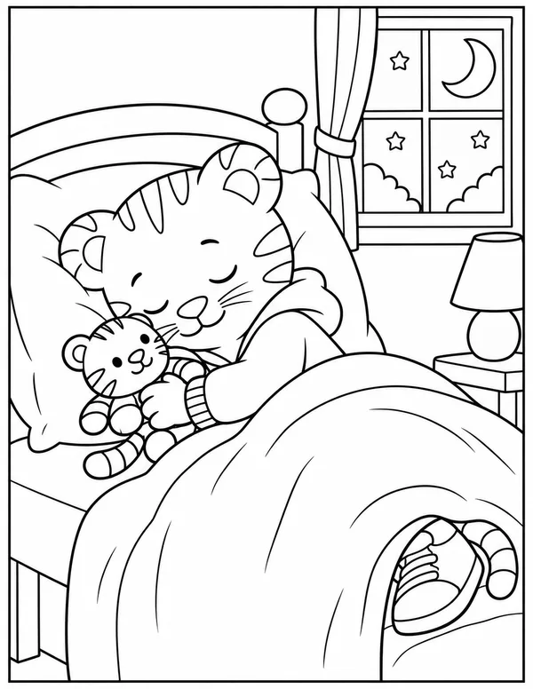 Daniel Tiger asleep with his stuffed tiger coloring page