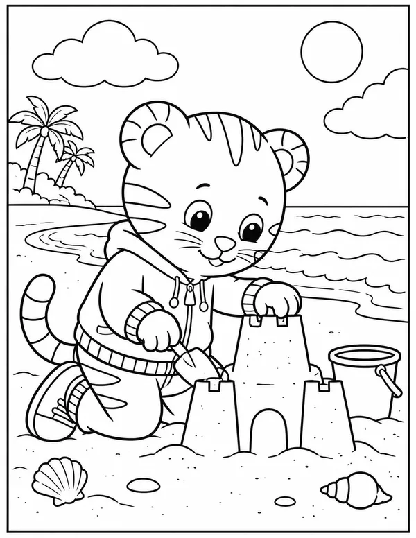 Daniel Tiger building a sandcastle coloring page