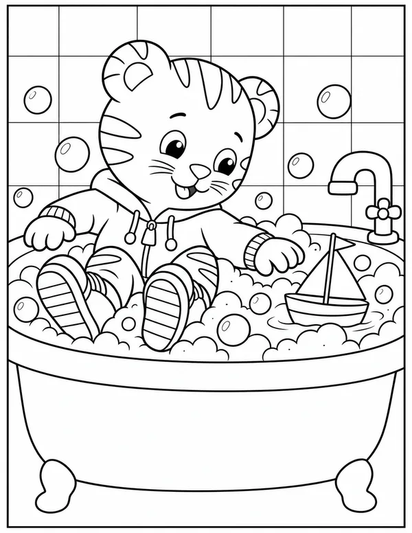 Daniel Tiger taking a bubble bath coloring page