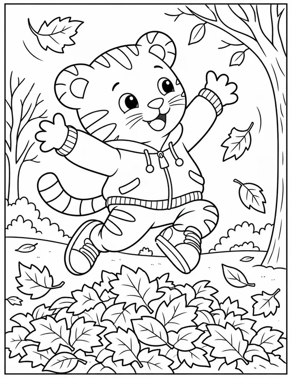 Daniel Tiger jumping in autumn leaves coloring page