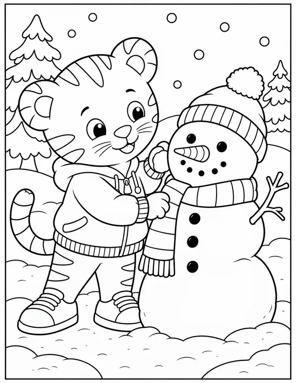 Daniel Tiger building a snowman coloring page