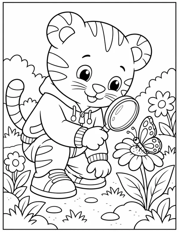 Daniel Tiger looking at a butterfly coloring page