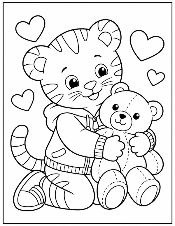 Daniel Tiger hugging a teddy bear coloring page