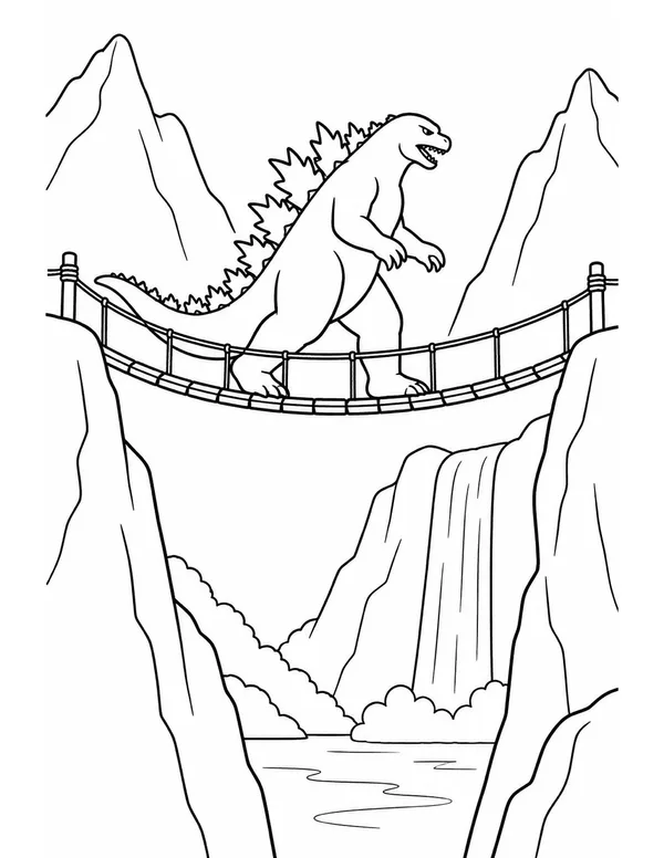 Godzilla crossing a rope bridge coloring page