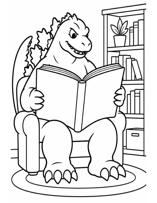 Godzilla reading in an armchair coloring page