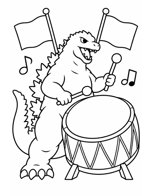 Godzilla playing the big drum coloring page