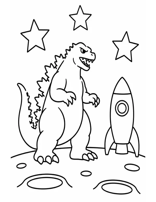 Godzilla on the moon with a rocket coloring page